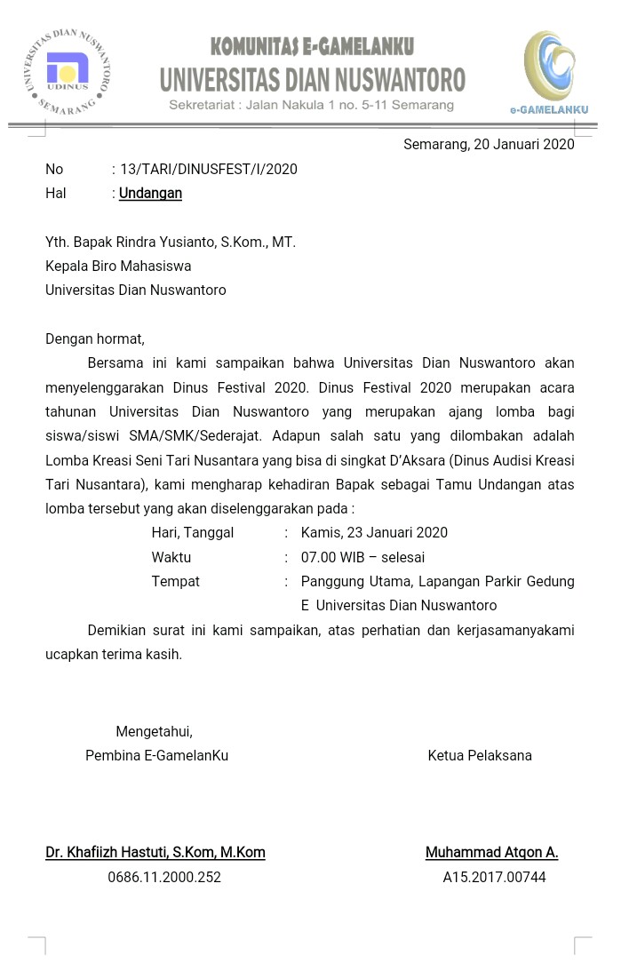 Surat undangan untuk Pak Rindra Yusianto
