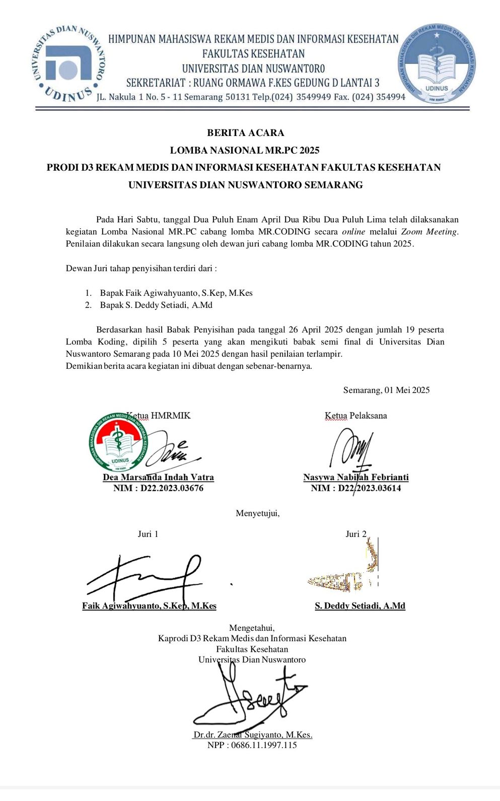 Berita Acara Tahap Penyisihan Juri MR.Koding