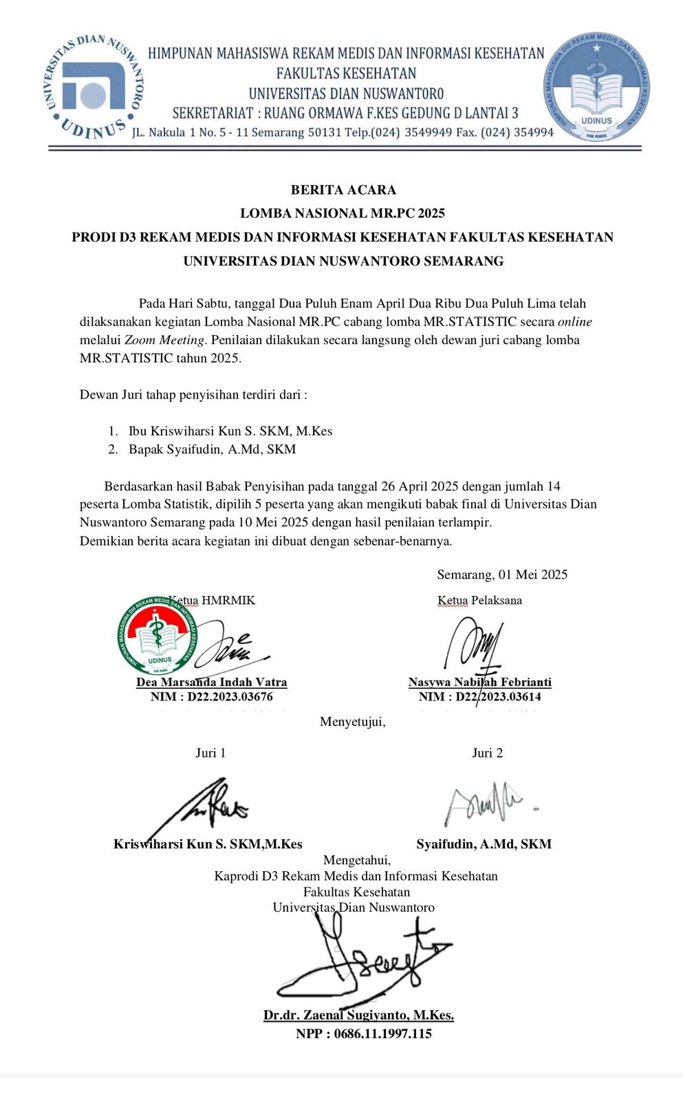 Berita Acara Tahap Penyisihan Juri MR.Statistik
