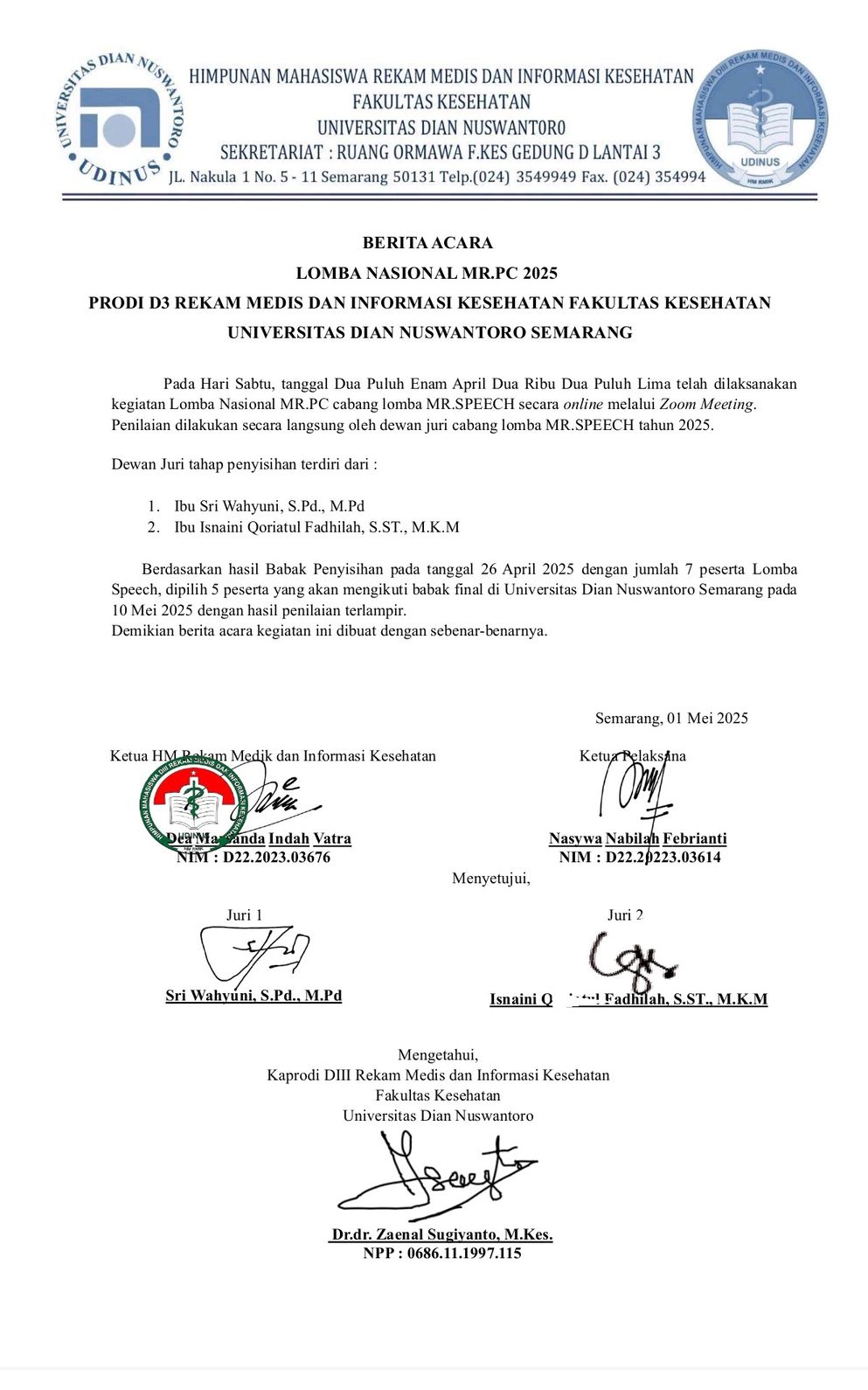 Berita Acara Tahap Penyisihan Juri MR.Speech