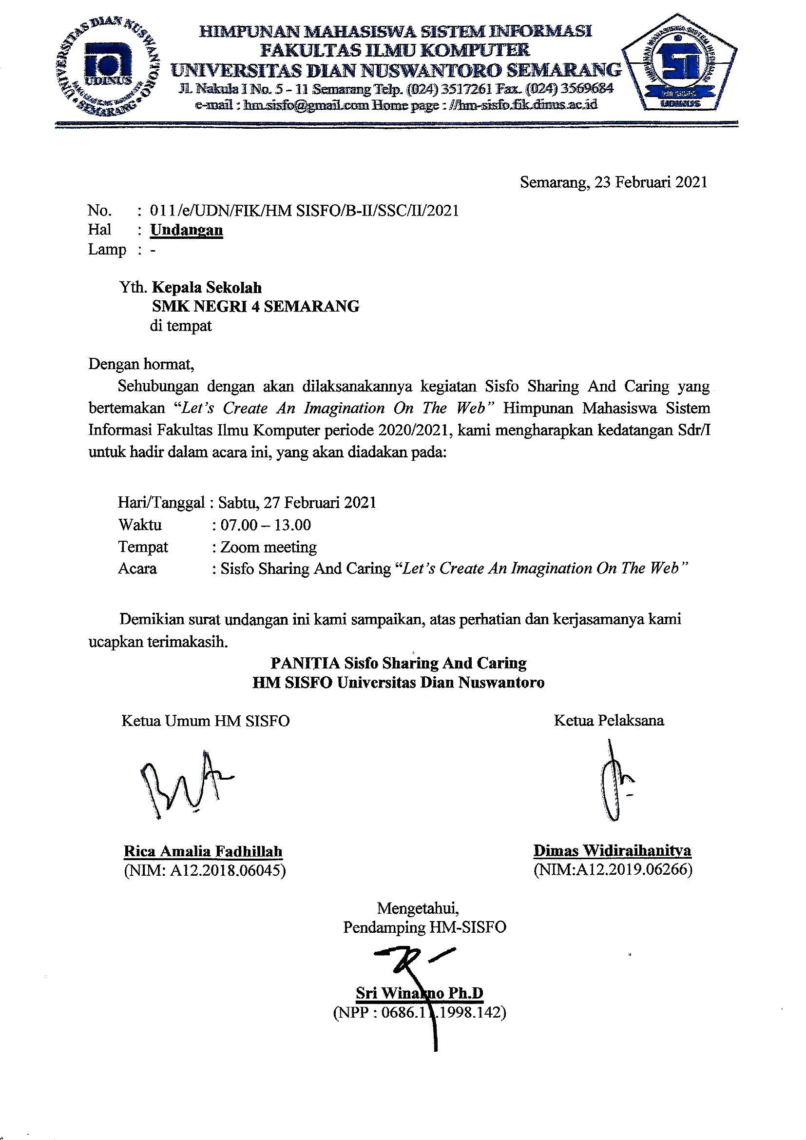 Surat Undangan Sambutan Kepala Sekolah SMKN4 Semarang